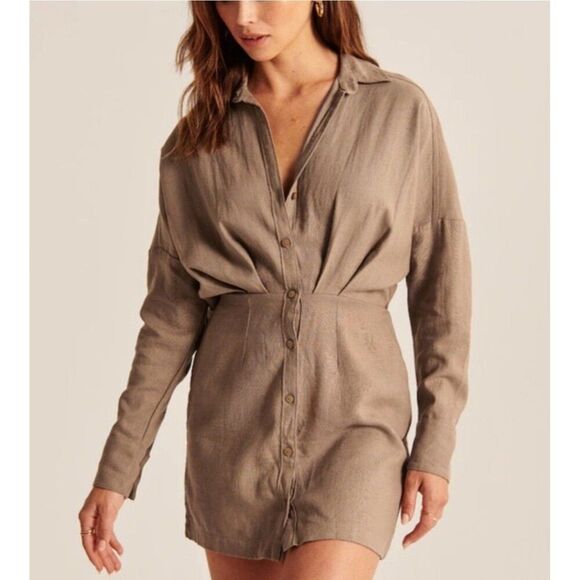 Abercrombie & Fitch Neutral Brown Linen Blend Mini Dress Minimalist Fall Chic - Picture 1 of 12